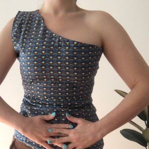 One shoulder scallop print asymmetrical cotton handmade 70s vintage tank top